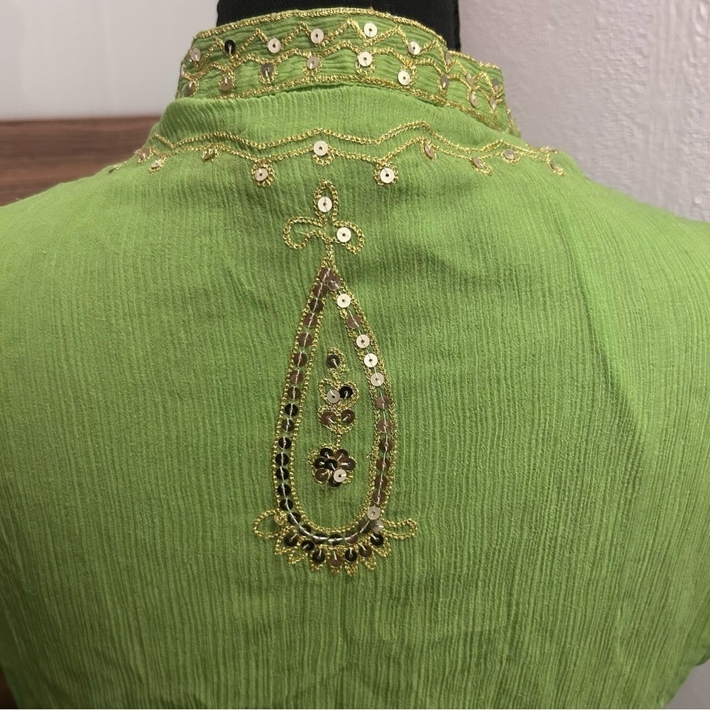 Vintage SilkLand Green Sequins 100% Silk Sleeveless Blouse Boho. Size L - Picture 4 of 7